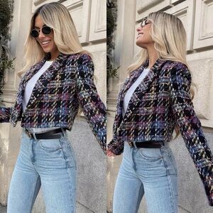Zara Multicolor Cropped Tweed Blazer